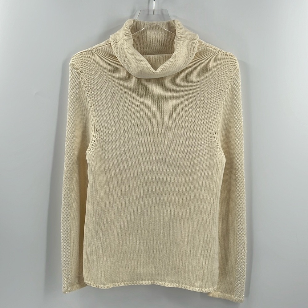 Magaschoni Cream Beaded Turtleneck Sweater Ivory Wool Off White Knit Medium